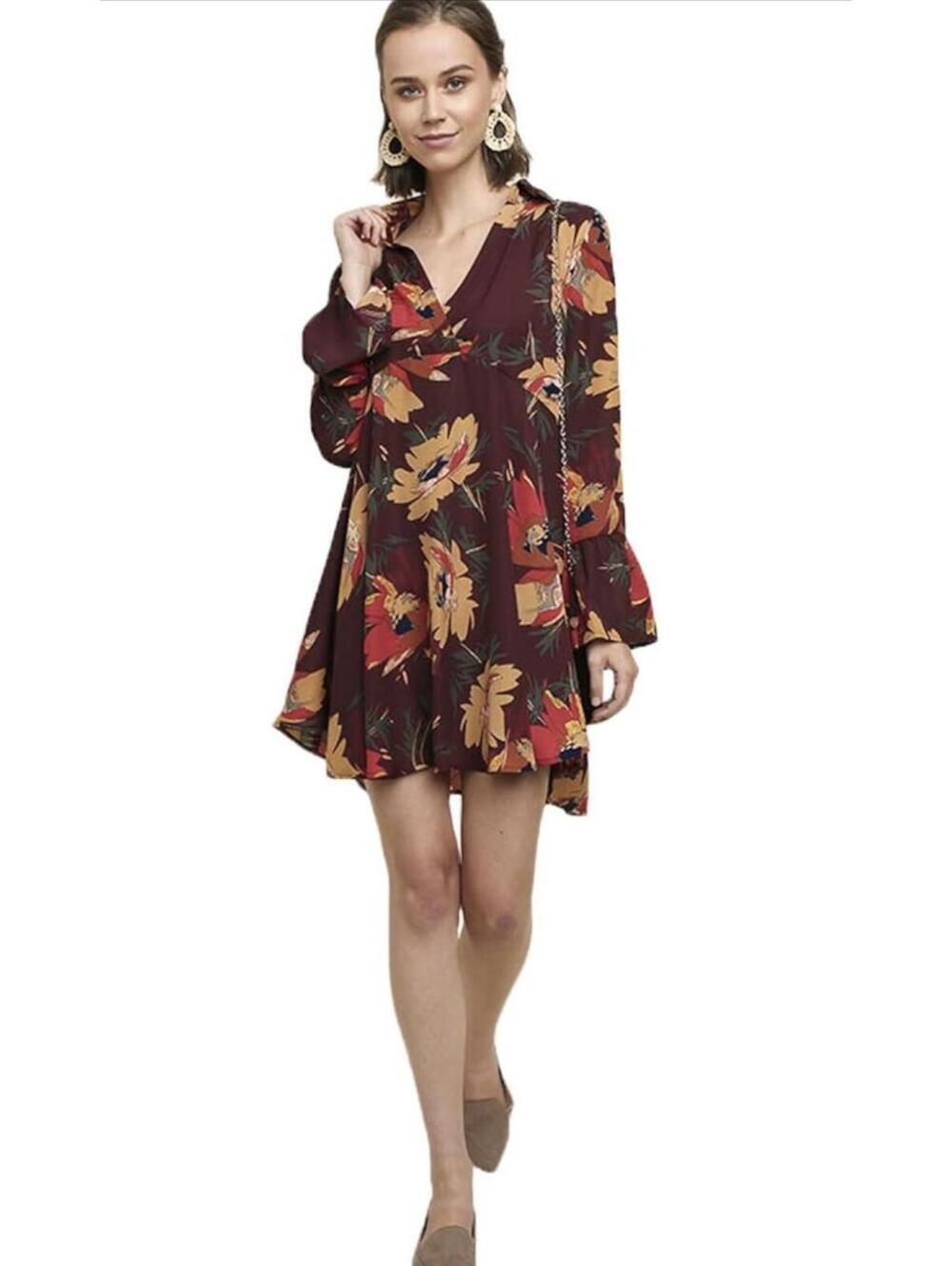Umgee USA Size Medium Semi-Sheer Burgundy Floral Oversized Shirt Dress